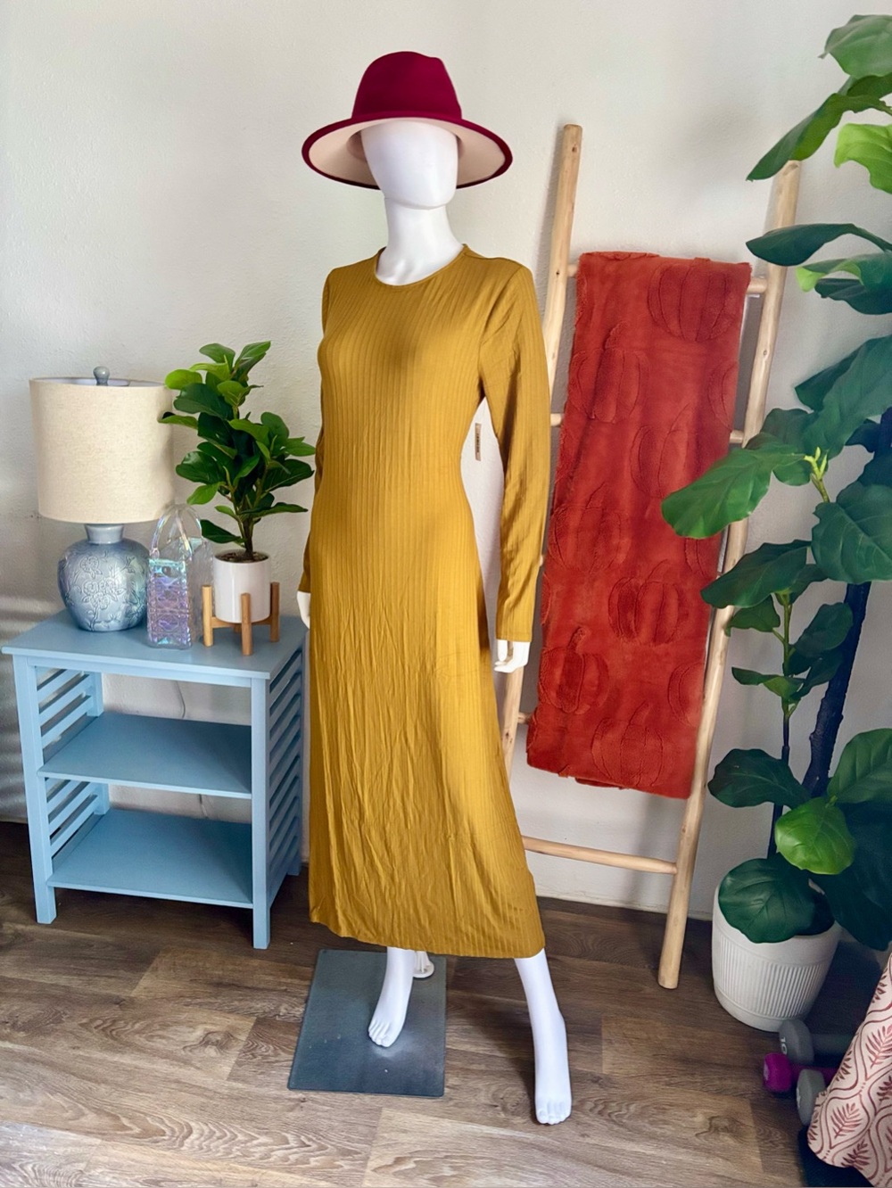 Mustard Rib-Knit Long  Dress - Women